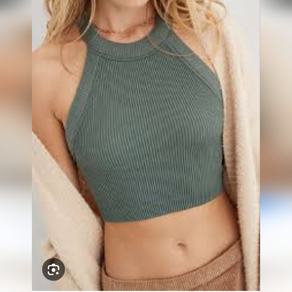 Aerie Ribbed Halter Crop Top - Olive‎